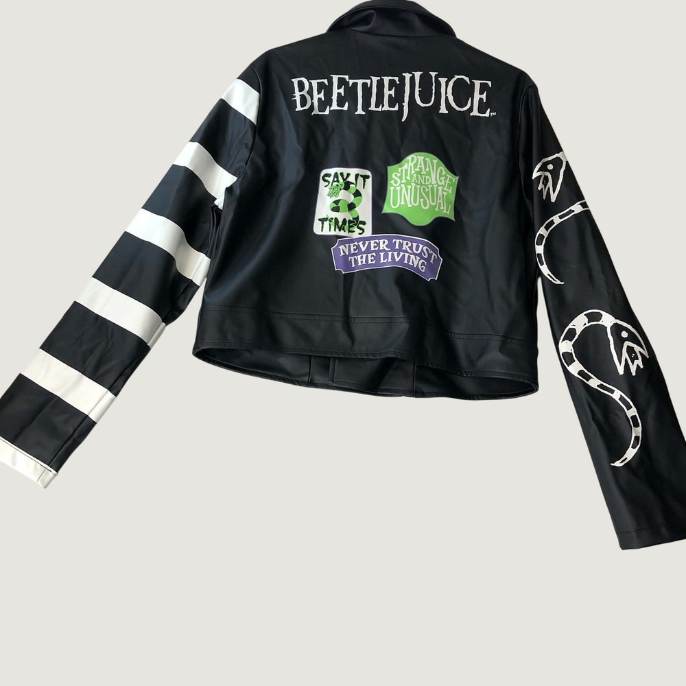 Spirit Costume Beetlejuice Moto Jacket Womens Large Boxy Faux Leather Halloween - Picture 8 of 16